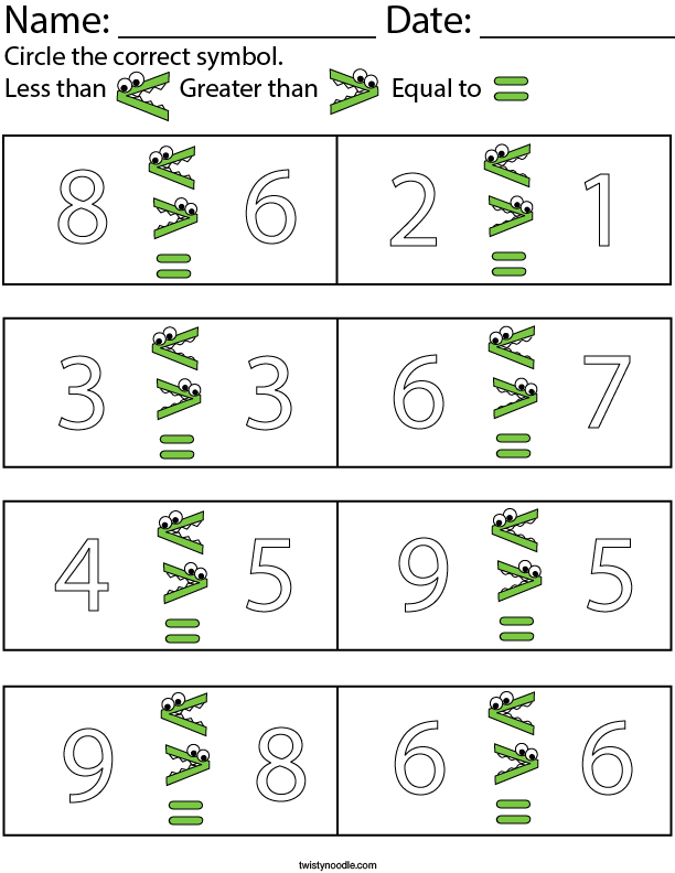 Circle the correct symbol Math Worksheet - Twisty Noodle